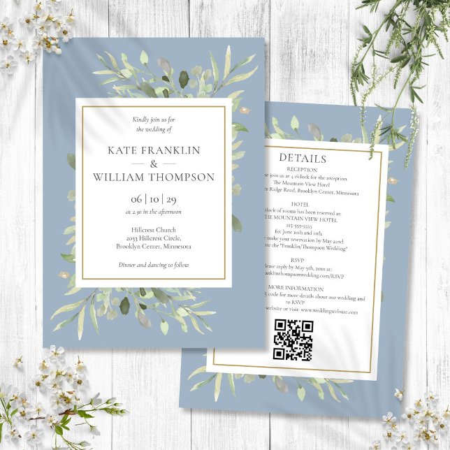 Dusty Blue Greenery All in One QR Code Bröllop Inbjudningar (Dusty Blue Greenery All In One QR Code Wedding Invitation)