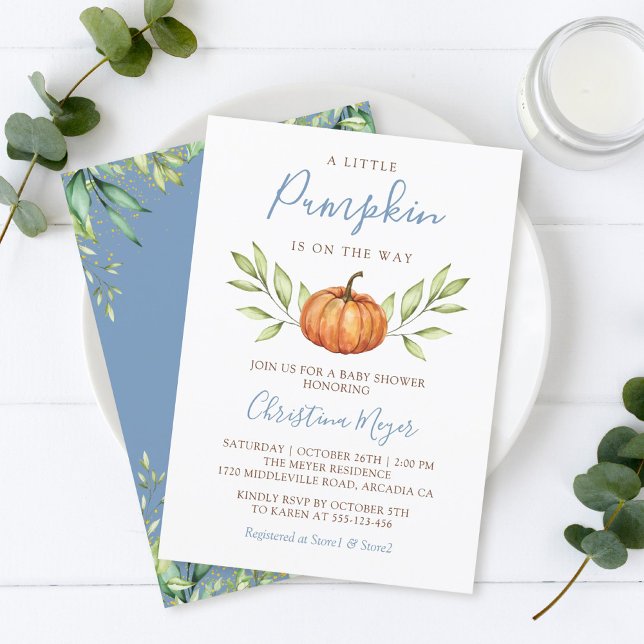Dusty Blue Greenery Autumn Pumpkin Baby Shower Inbjudningar (Skapare uppladdad)