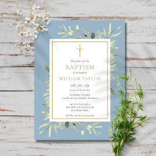 Dusty Blue Greenery Baptism Christening Inbjudan Vykort