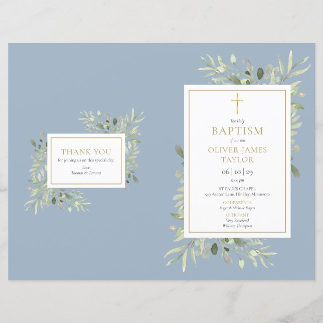 Dusty Blue Greenery Baptism Christening Program (Framsida)