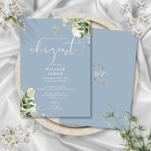 Dusty Blue Greenery Blommig Dop Dopceremoni Inbjudningar