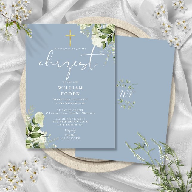 Dusty Blue Greenery Blommig Dop Dopceremoni Inbjudningar (Dusty Blue Greenery Floral Chrzest Baptism Invitation)