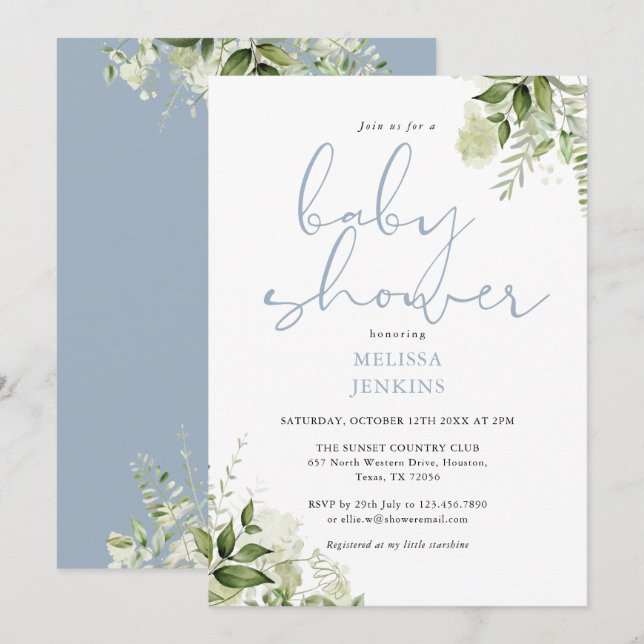 Dusty Blue Greenery Blommig Pojk Babyshower Inbjudningar (Fram/baksida)