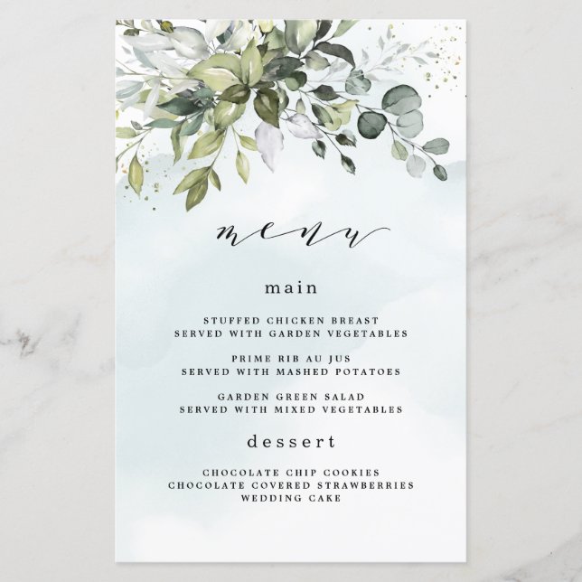 Dusty Blue Greenery Blommigt Boho Bröllop Menu-kor (Framsida)