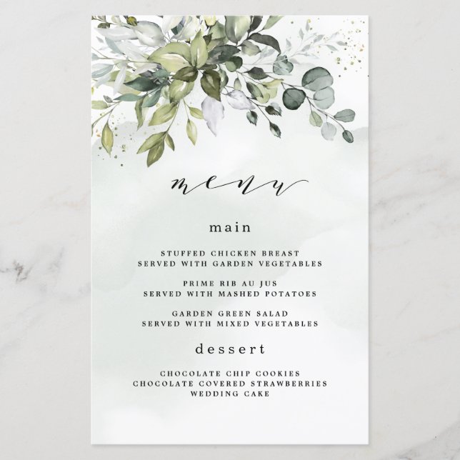 Dusty Blue Greenery Blommigt Boho Bröllop Menu-kor (Framsida)