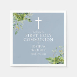 Dusty Blue Greenery Blommigt First Heliga Communio Pappersservett