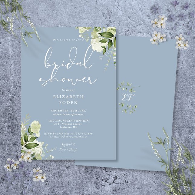 Dusty Blue Greenery Blommigt Möhippa Inbjudningar (Dusty Blue Greenery Floral Bridal Shower Invitation)