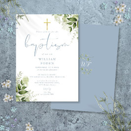Dusty Blue Greenery Blommigt Monogram Baptism Inbjudningar