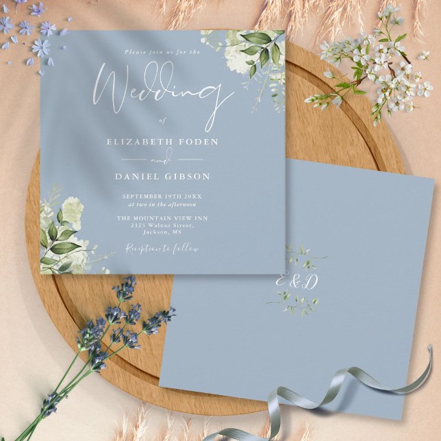 Dusty Blue Greenery Blommigt Monogram Square Bröll Inbjudningar (Dusty Blue Greenery Floral Monogram Square Wedding Invitation)