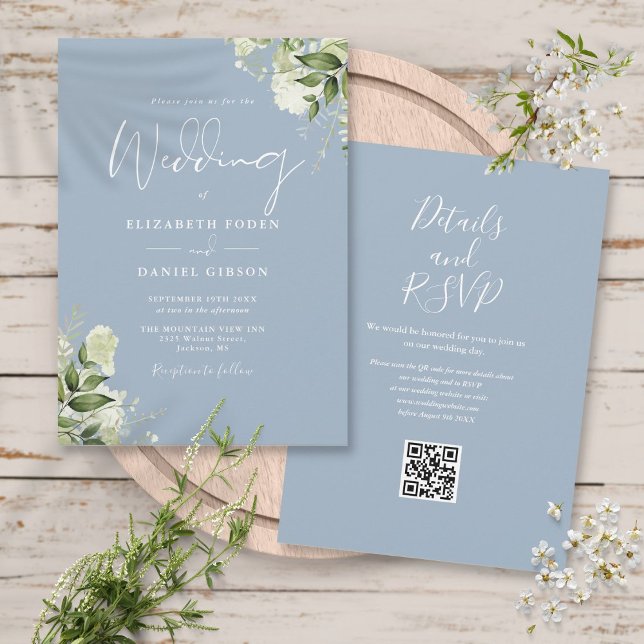 Dusty Blue Greenery Blommigt QR Code Bröllop Inbjudningar (Dusty Blue Greenery Floral QR Code Wedding Invitation)