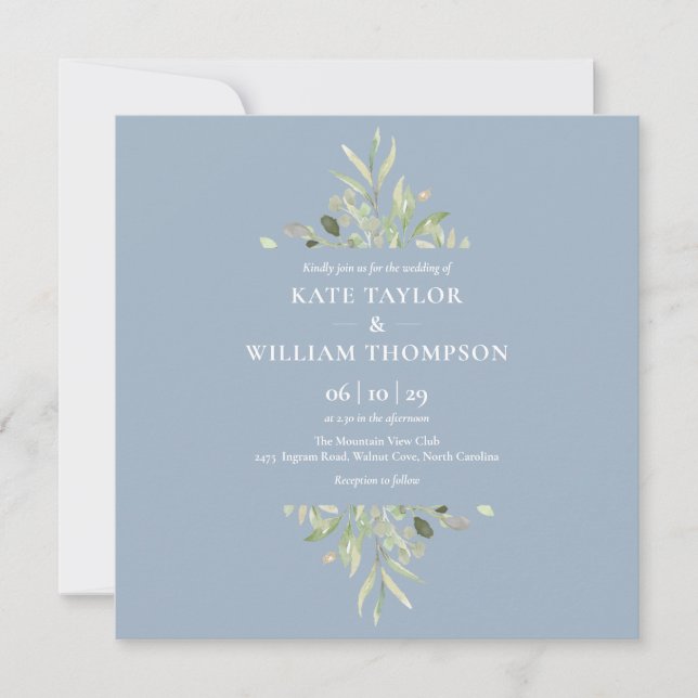 Dusty Blue Greenery Botanical Wedding bjudande Inbjudningar (Framsida)