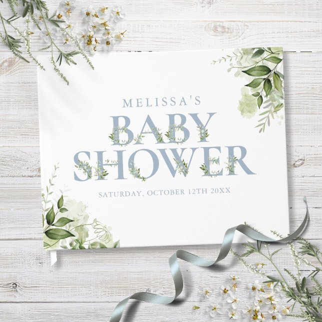 Dusty Blue Greenery Brev Baby Shower Gästböcker (Dusty Blue Greenery Letter Baby Shower Guest Book)