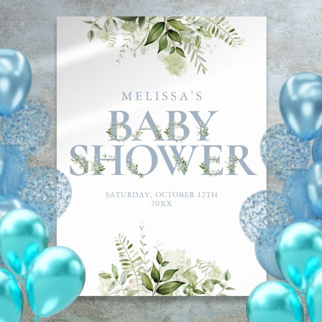 Dusty Blue Greenery Brev Baby Shower-skylt Poster (Dusty Blue Greenery Letter Baby Shower Sign)