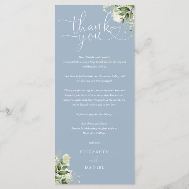 Dusty Blue Greenery Bröllop Tack Place Card Meny (Framsida)