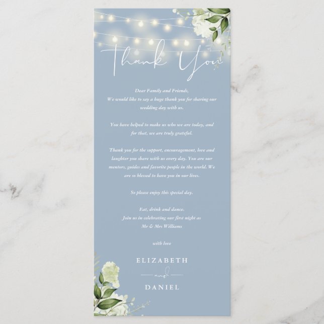 Dusty Blue Greenery Bröllop Tack Place Card Meny (Framsida)