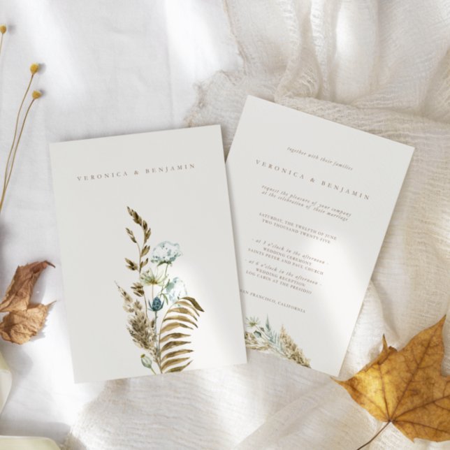 Dusty Blue Greenery & Dried Pampas Grass Bröllop Inbjudningar (Dusty Blue Greenery & Dried Pampas Grass Wedding Invitation)