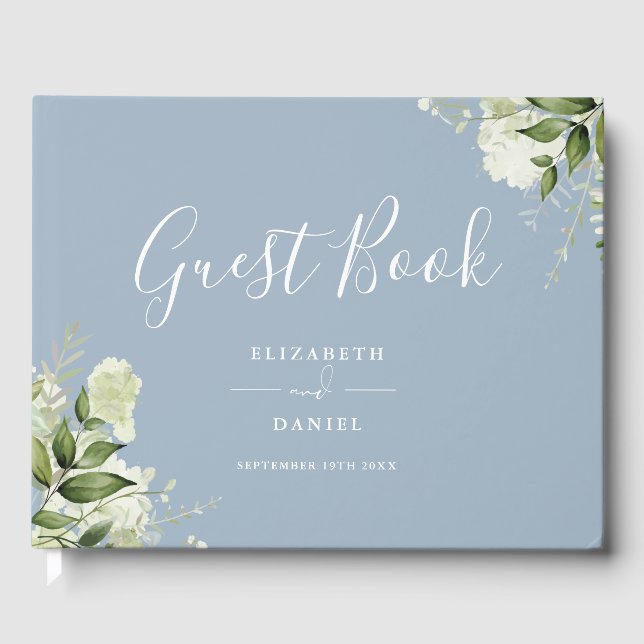 Dusty Blue Greenery Floral Photo Wedding Gästböcker (Framsida)
