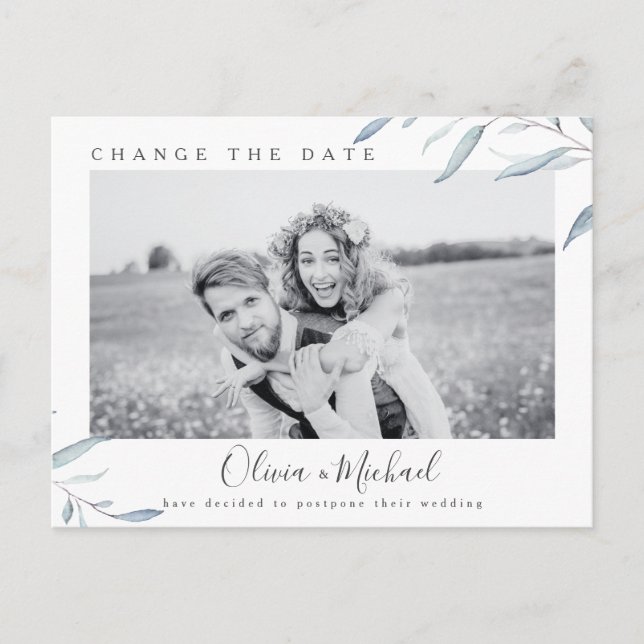 Dusty blue greenery-fotot ändrar datum vykort (Framsida)