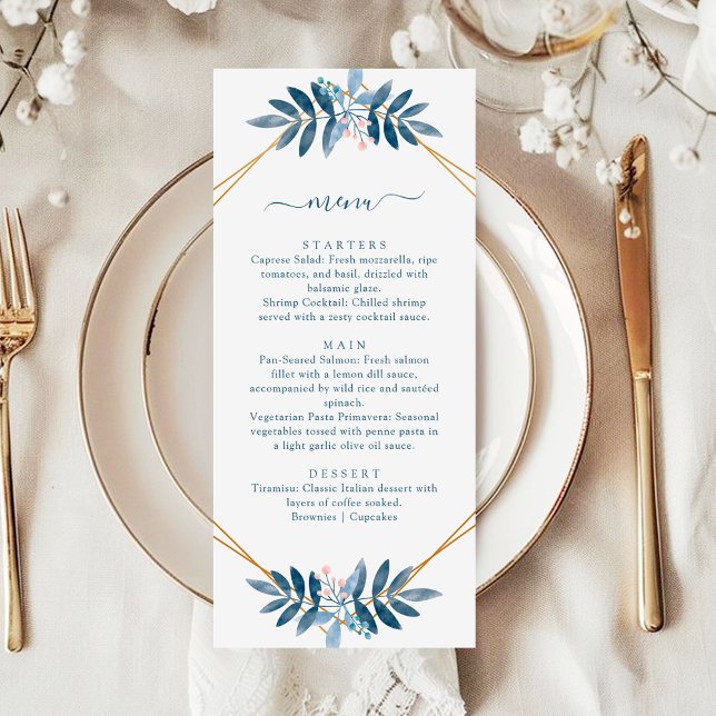 Dusty Blue Greenery Geometric Modern Wedding Meny (Skapare uppladdad)