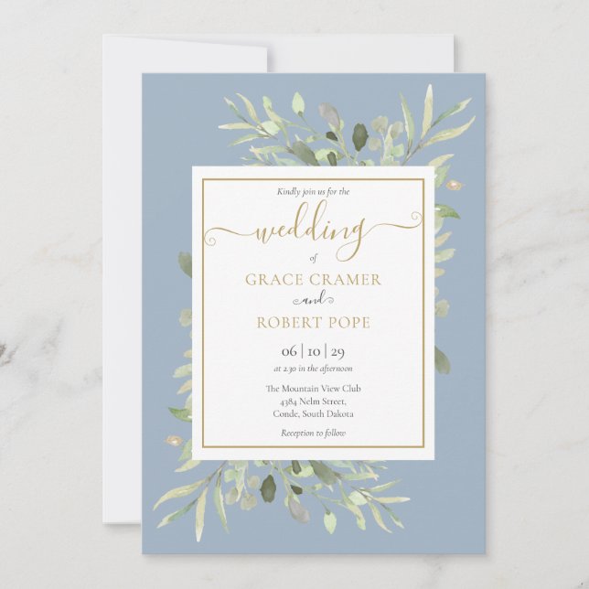 Dusty Blue Greenery Guld Geometric Script Bröllop Inbjudningar (Framsida)