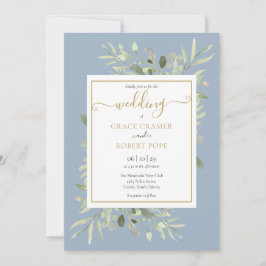 Dusty Blue Greenery Guld Geometric Script Bröllop Inbjudningar