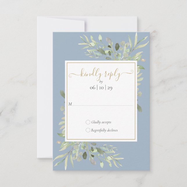 Dusty Blue Greenery Guld Geometric Script Bröllop OSA Kort (Framsida)
