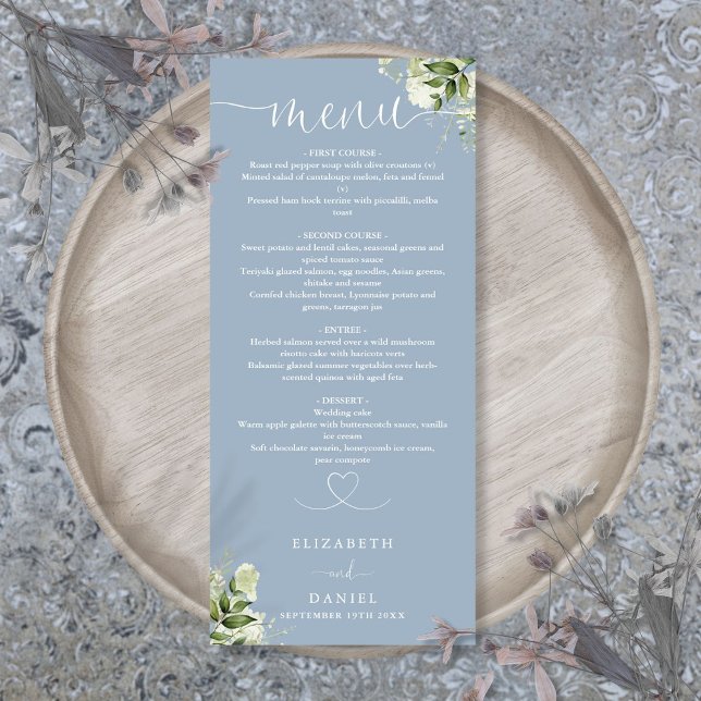 Dusty Blue Greenery Heart-skript Bröllop-middag Meny (Dusty Blue Greenery Heart Script Wedding Dinner Menu)