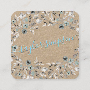 Dusty Blue Greenery Kraft Papper Neon Swash-skript Fyrkantigt Visitkort