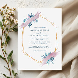 Dusty Blue Greenery Modern Gold Geometric Wedding Inbjudningar