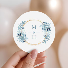 Dusty Blue Greenery Modern Monogram Wedding Runt Klistermärke