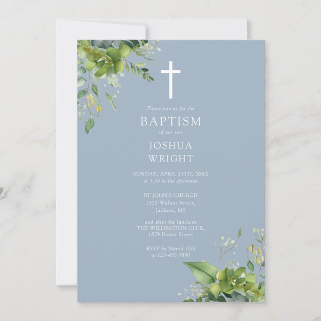 Dusty Blue Greenery Monogram Baptism Christening Inbjudningar (Framsida)
