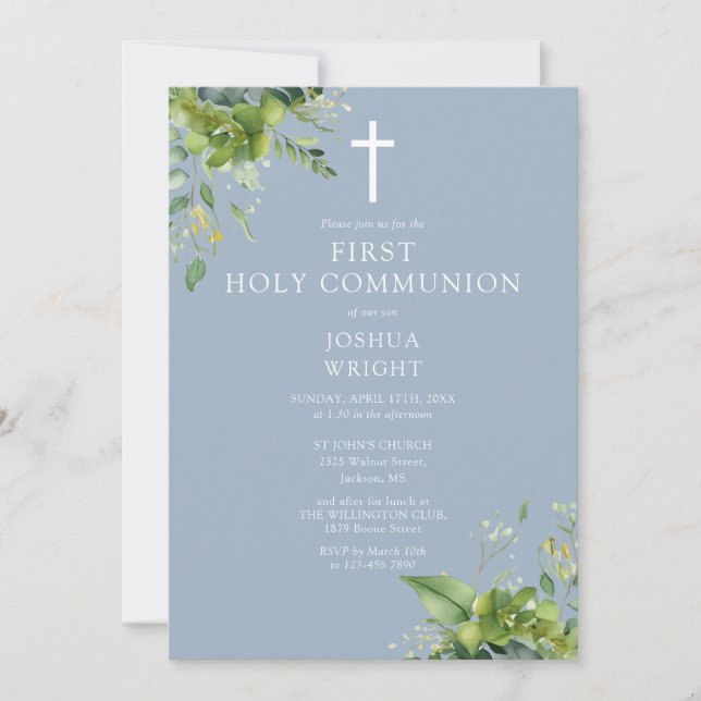 Dusty Blue Greenery Monogram First Heliga Communio Inbjudningar (Framsida)