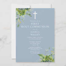 Dusty Blue Greenery Monogram First Heliga Communio