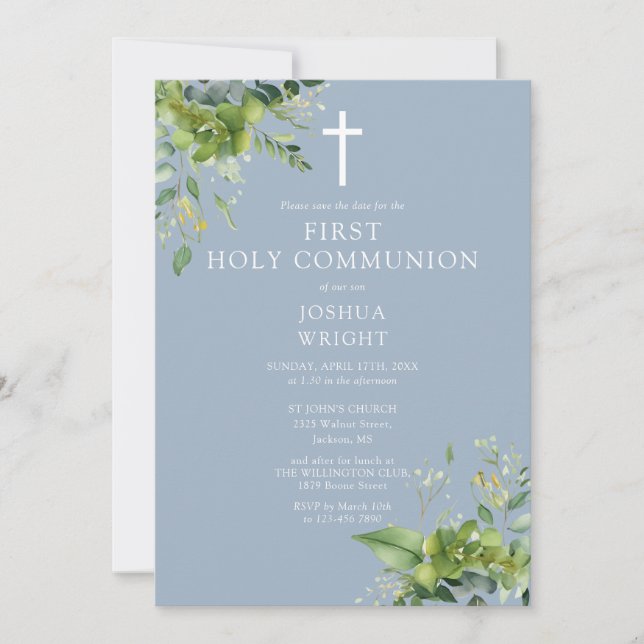Dusty Blue Greenery Monogram First Heliga Communio Spara Datumet (Framsida)