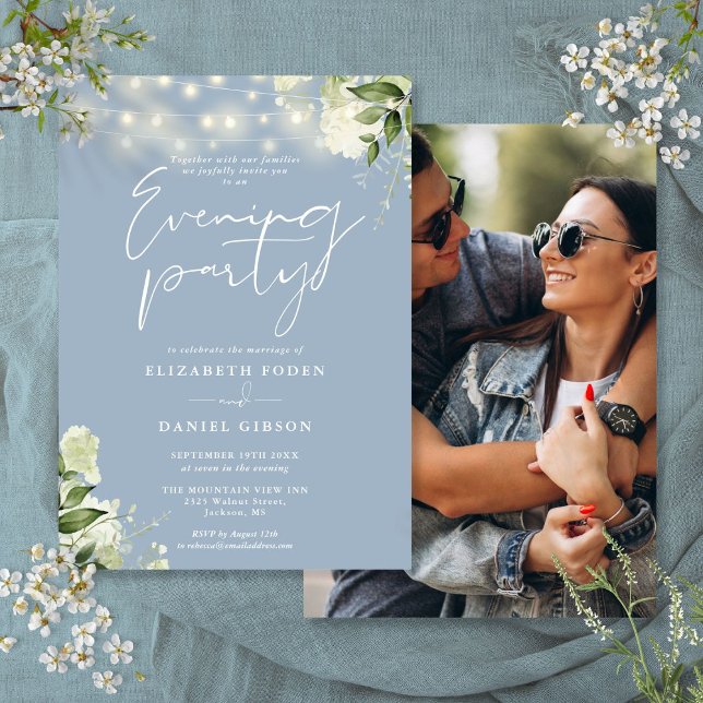 Dusty Blue Greenery Photo Bröllop Evening Party Inbjudningar (Dusty Blue Greenery Photo Wedding Evening Party Invitation)