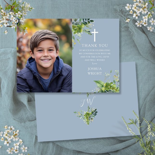 Dusty Blue Greenery Photo Confirmation Tack Kort (Dusty Blue Greenery Photo Confirmation Thank You Card)