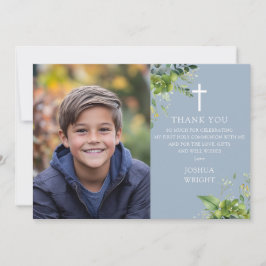 Dusty Blue Greenery Photo First Heliga Communion Tack Kort