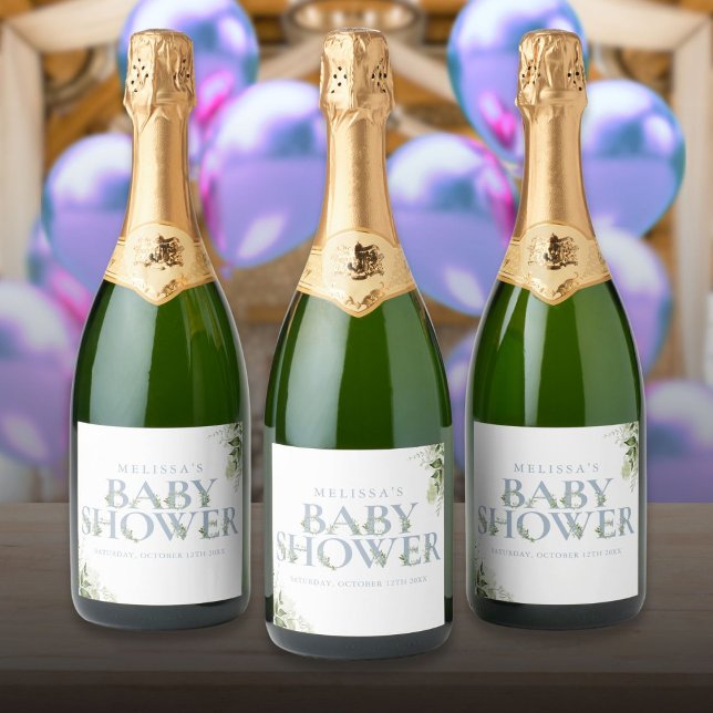 Dusty Blue Greenery Pojk Babyshower (Dusty Blue Greenery Boy Baby Shower Sparkling Wine Label)