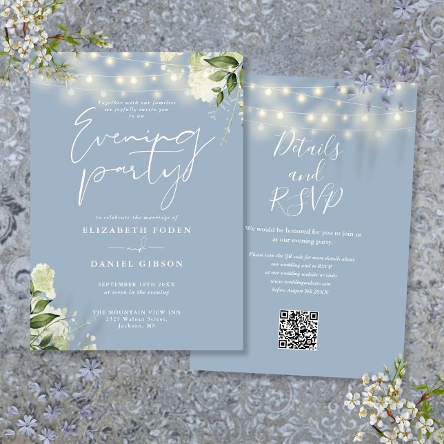 Dusty Blue Greenery QR Code Bröllop Evening Party Inbjudningar (Dusty Blue Greenery QR Code Wedding Evening Party Invitation)
