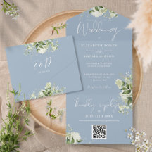 Dusty Blue Greenery QR-kod Monogram Bröllop