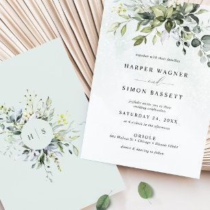 Dusty Blue Greenery Succulent Eucalyptus Bröllop Inbjudningar