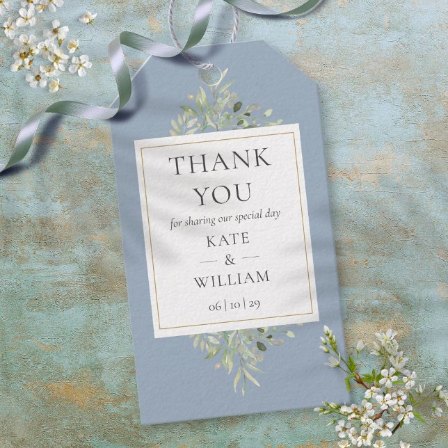 Dusty Blue Greenery Tack Wedding Favor Presentetikett (Dusty Blue Greenery Thank You Wedding Favor Gift Tags)