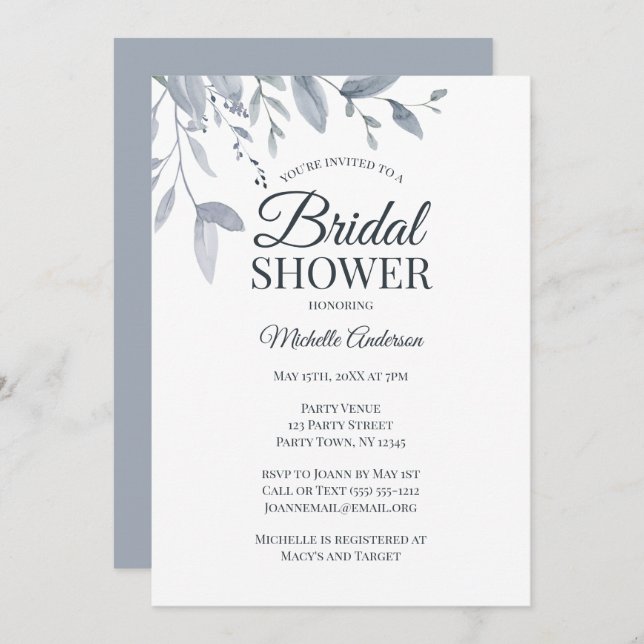 Dusty Blue Greenery Watercolor Möhippa Inbjudningar (Fram/baksida)