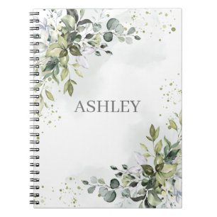 Dusty Blue Greenery Watercolor Personlig Namn Anteckningsbok