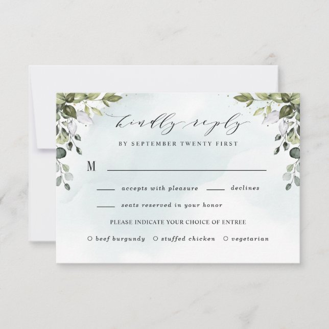 Dusty Blue Greenery with Meal Choice Boho Bröllop OSA Kort (Framsida)