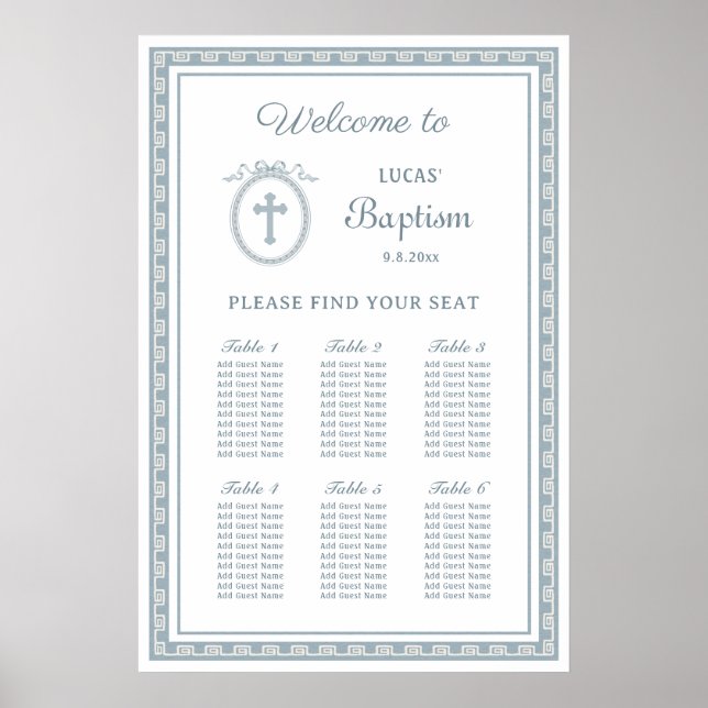 Dusty Blue Grekiska baptism-sätesschemat Ram Poster (Framsidan)