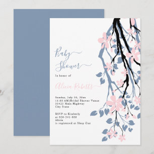 Dusty blue gren, rosa blommor babydusch inbjudningar
