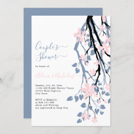 Dusty Blue gren, rosa blommor par dusch Inbjudningar