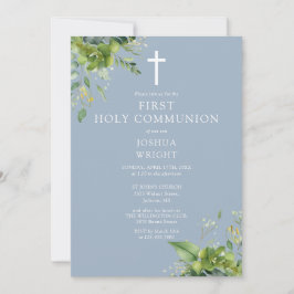Dusty Blue Grön Mönogram Första Kommunion Inbjudningar