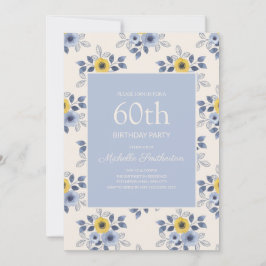 Dusty Blue Gula blommor White 60 Birthday Inbjudningar